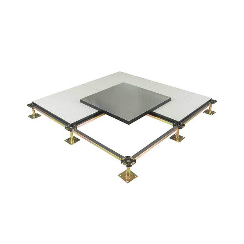 How does the anti-staic calcium sulfate raised access floor achieve efficient static discharge through its conductive layer and grounding system?